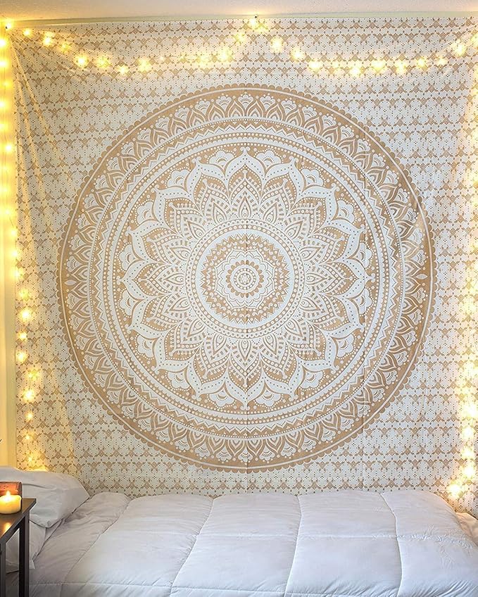 ANJANIYA Ombre Wall Hanging Bohemian Tapestry, Metallic Wall Art Bedspread, Psychedelic Hippie Mandala Dorm Décor for Hanging, Bedding, Beach Coverlet Curtain, Gold, Twin 55"X85"