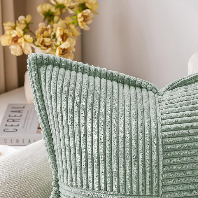 MIULEE Spring Decorative Throw Pillow Covers for Couch Bed Livingroom 20x20 Inch Set of 2 Greyish Green Boho Accent Throw Pllows Broadside Striped Patchwork Soft Corduroy Summer Pillowcases