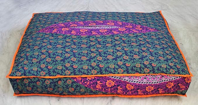 CRAFT KALA Mandala Floor Pillow Cushion Cover Seating Throw Cover Hippie Decorative Bohemian Ottoman Poufs Pom Pom Pillow Cases Boho Indian Cotton Living Room Yoga Home Décor 35" Square, Multi 6 Kaam
