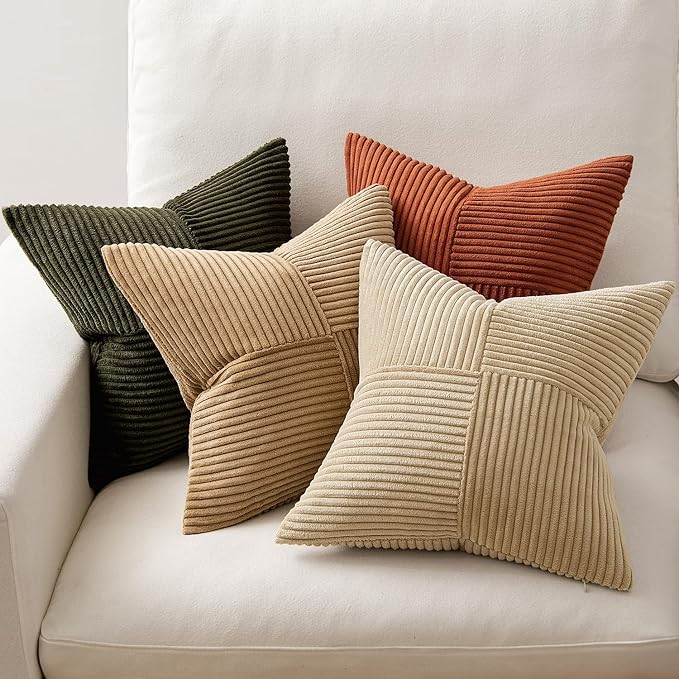MIULEE Rust-Olive Green Decorative Throw Pillow Covers 16x16 Inch Set of 4 Boho Color-Clash Cushion Cases Farmhouse Pillow Cases Corduroy Striped Home Decor for Couch Sofa Living Room Bed