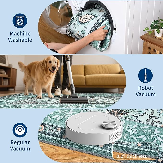 GarveeHome Teal Washable 6x9 Area Rugs, Botanical Grove Vintage Cottagecore Non-Slip Rug for Living Room Bedroom Nursery Kitchen Low-Pile Retro Large Carpet