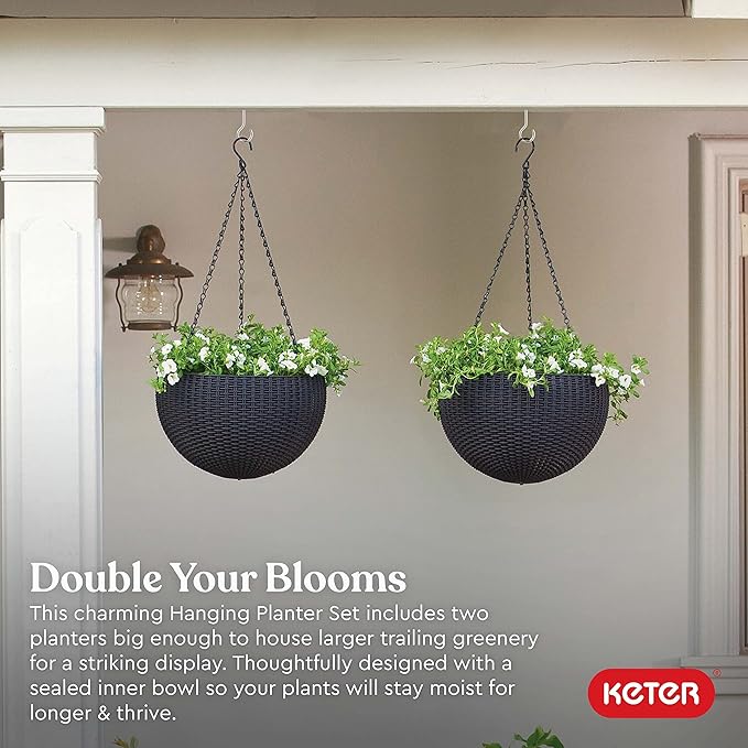 Keter Resin Rattan Set of 2 Round Hanging Planter Baskets for Indoor and Outdoor Plants-Perfect for Porches and Patio Decor, Graphite