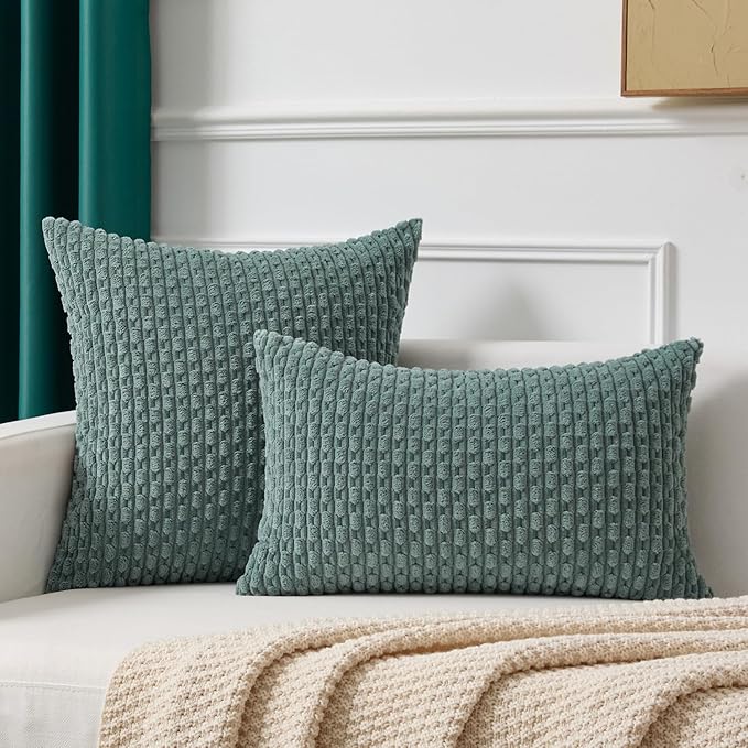 Kevin Textile 12x24 Inch Pillow Cover 1 Pack Boho Decorative Soft Striped Corduroy Lumbar Farmhouse Color Accent Rectangle Cushion Case for Living Room Couch Sofa Bed, Teal Green