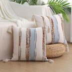 Simmore Boho Decorative Throw Pillow Covers 18x18 Set of 2, Tufted Farmhouse Pillow Covers with Tassels for Cozy Bohemian Couch Sofa Bedroom Home Decor, Blue
