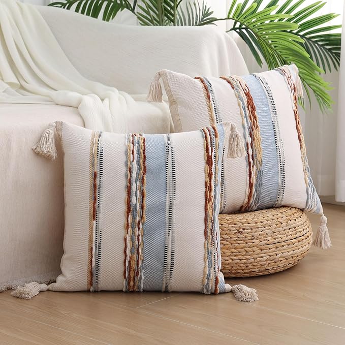 Simmore Boho Decorative Throw Pillow Covers 18x18 Set of 2, Tufted Farmhouse Pillow Covers with Tassels for Cozy Bohemian Couch Sofa Bedroom Home Decor, Blue