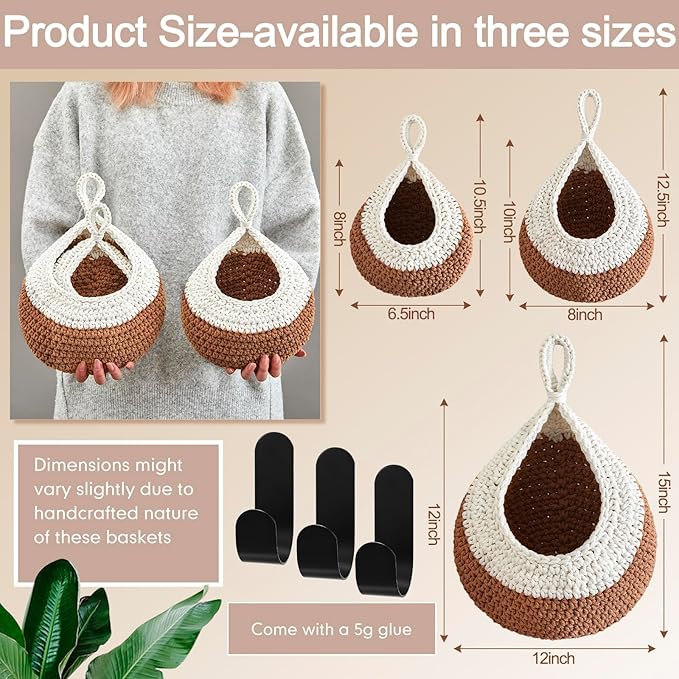 Honeydak Boho Decor Hanging Wall Baskets for Kitchen 3 Pack Teardrop Baskets with Hooks Storage Fruit Onion Vegetable Potato for Home 3 Sizes(White and Beige,Teardrop,Cotton Rope)