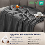 PHF 100% Cotton Muslin Throw Blanket 50" x 60", 4-Layer Lightweight Gauze Throw, Breathable Cloud-Soft Minimalist Blanket for Bed, Couch, Camping & Baby, Greyish Black, Ideal Gift