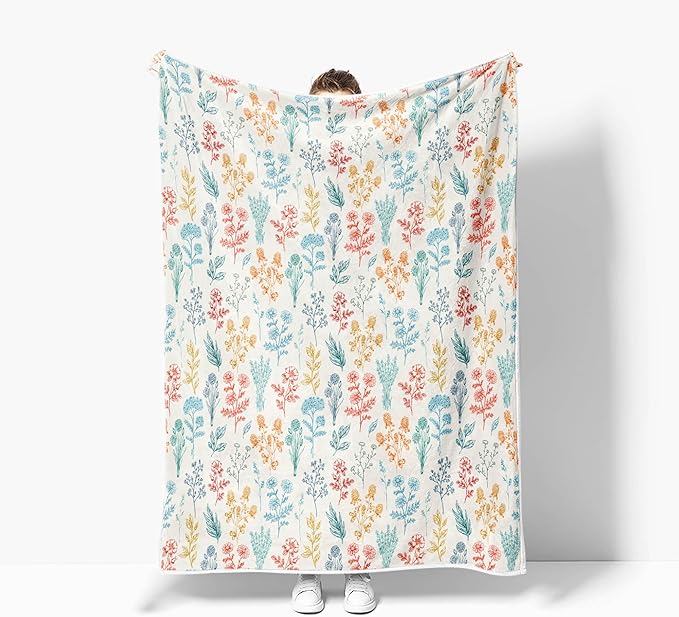 Floral Fuzzy Blanket Boho Floral Throw Blanket, Botanical Flowers Blankets, Soft, Flannel, Warm, Colorful Flowers Bed Blankets All Season for Couch Bedroom Living Room 50X70 Inch