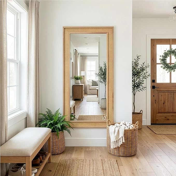 Rattan Full Length Mirror,24"x48" Long Rattan Wall Mirror,Wooden Mirror with Wicker Frame,Decorative Full Body Mirror Hanging,Farmhouse Rectangle Floor Mirror for Bathroom Living Dressing Room Nature