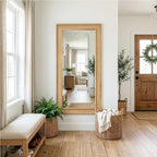 Rattan Full Length Mirror,24"x48" Long Rattan Wall Mirror,Wooden Mirror with Wicker Frame,Decorative Full Body Mirror Hanging,Farmhouse Rectangle Floor Mirror for Bathroom Living Dressing Room Nature