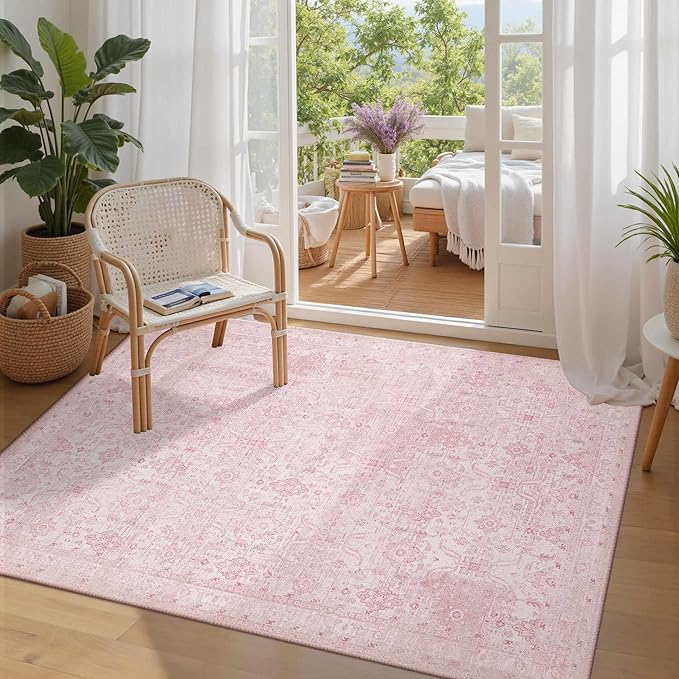 3x5 Rug for Entryway Bedroom, Pink 3x5 Washable Area Rug, Vintage Retro Boho Throw Rug, Non Slip & Low Pile Small Carpet for Indoor Entry, Kitchen, Bedside, Living Room, Bathroom and Dining