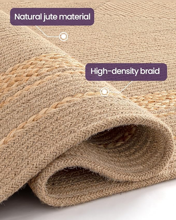 DEXI Jute Rug Natural Fiber 8x10, Braided Woven Area Rugs No Shed, Large Soft Neutral Rustic Carpet Mat for Indoor Entryway Outdoor Patio Dining Living Room Bedroom Farmhouse, Beige/Natural