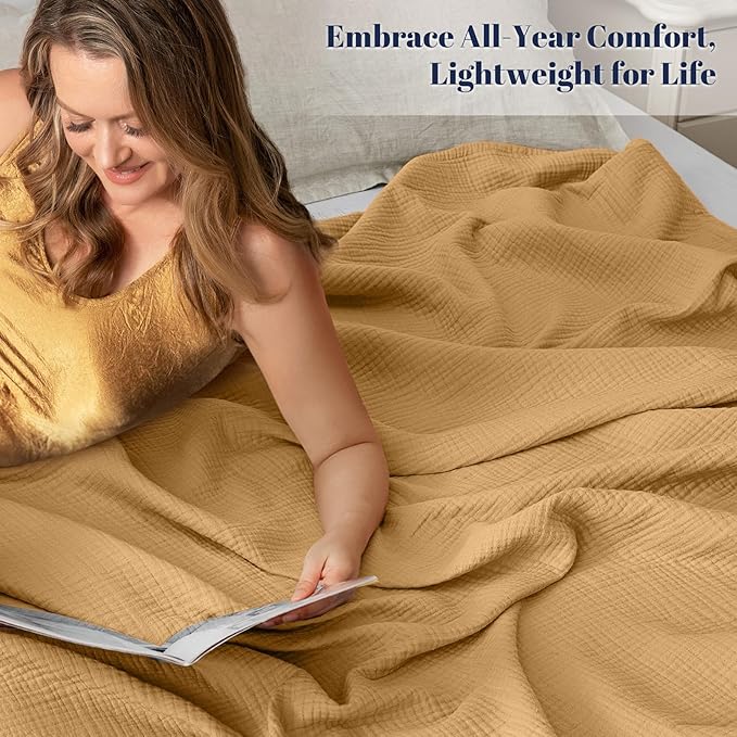 PHF 100% Cotton Muslin Throw XL Blanket Large 50" x 70", 4-Layer Lightweight Gauze Throw, Breathable Cloud-Soft Minimalist Blanket for Bed, Couch, Camping & Baby, Amber, Ideal Gift