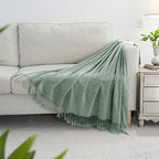 Chenille Throw Blanket for Couch with Tassels,60"X80" Soft Lightweight Knitted Boho Decorative Blankets for Bed and Sofa,Sage Green