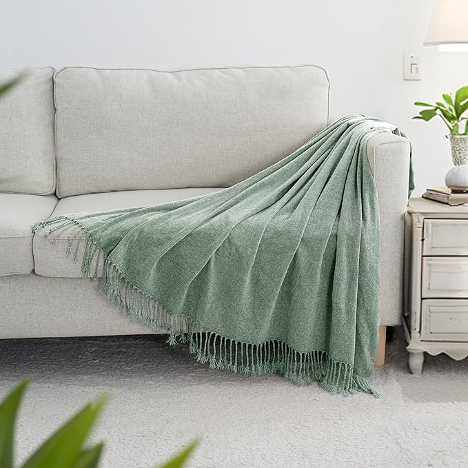 Chenille Throw Blanket for Couch with Tassels,50"X60" Soft Lightweight Knitted Boho Decorative Blankets for Bed and Sofa,Sage Green