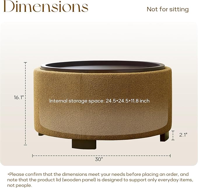30 Inch Round Storage Ottoman, Ottoman Coffee Table with Lift Off Lid, Boucle Modern Ottomans with Storage for Living Room, Bedroom, Apartments (Yellow)