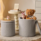 Round Ottoman with Storage Set of 2 - Upholstered Sherpa Vanity Stool for Makeup Multifunctional Ottomans Coffee Table Padded Seat Foot Rest for Living Room & Bedroom (Sherpa Gray)