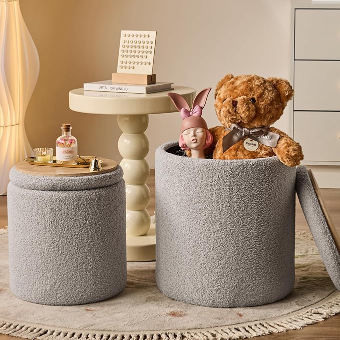 Round Ottoman with Storage Set of 2 - Upholstered Sherpa Vanity Stool for Makeup Multifunctional Ottomans Coffee Table Padded Seat Foot Rest for Living Room & Bedroom (Sherpa Gray)