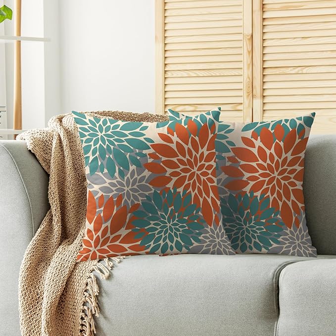 Teal Orange Gray Grey Pillow Covers 20X20 Inch Set of 2, Spring Modern Geometry Dahlia Floral Print Decorative Throw Pillow Covers Outdoor Farmhouse Cushion Case for Couch Sofa Bed Decor