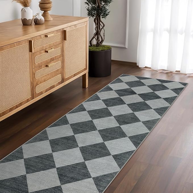 Beeiva Checkered Rug Runner for Hallways 2.5x12, Kitchen Runner Rugs Non Skid Washable Ultra Thin, Moroccan Extra Long Carpet for Bathroom Decor, Modern Plaid Carpet for Kitchen (Blue/Grey)