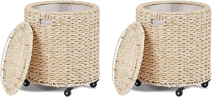 Wimarsbon 2Pcs Pouf Ottomans, Natural Seagrass Foot Stool, Hand Weaving Round Ottoman, Boho Decorative Seat, Jute Braided Pouffe Poof Accent Sitting Footrest (Storage Corn Husk)