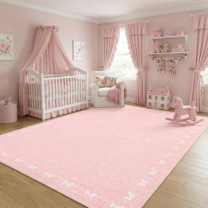 GarveeHome Bow Washable 8x10 Area Rugs for Living Room Non Slip Soft Solid Pink Bedroom Rugs Low Pile Foldable Large Area Rug Stain Resistant Carpet for Nursery Dining Room Playroom, Pink