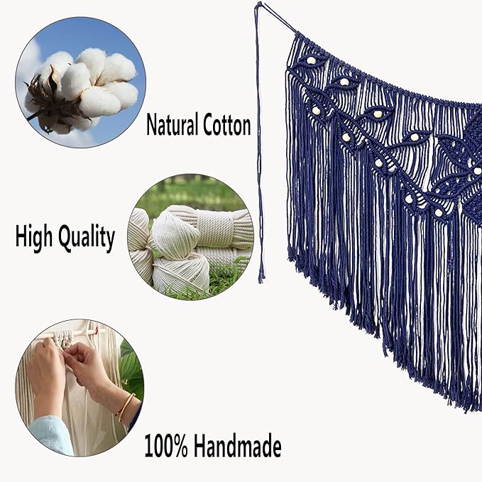 Youngeast Home Decor Leaf Shape Macrame Wall Hanging Woven Tapestry Bedroom Curtain Fringe Garland Banner Living Room Wall Decor Navy 39X31 inches
