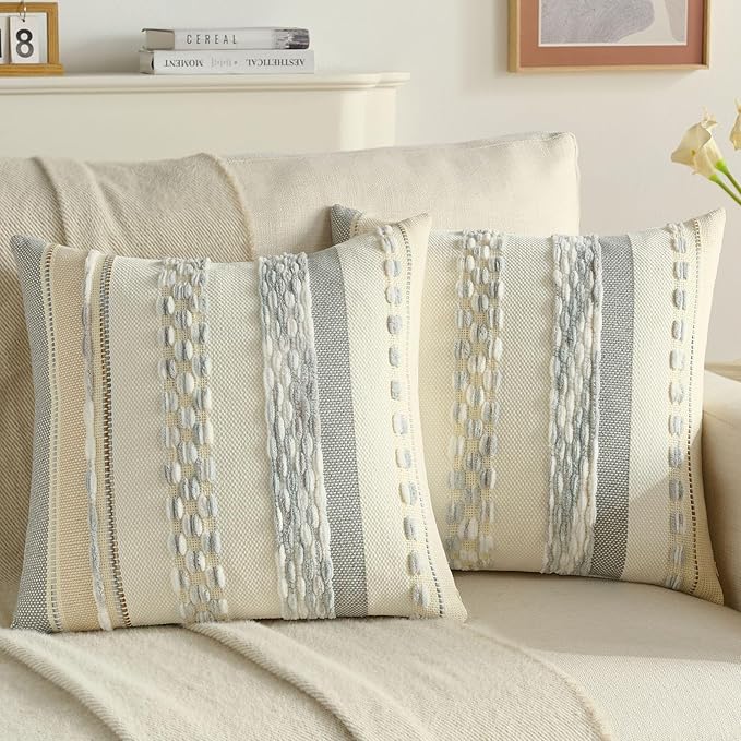 FUTEI Grey Blue White Decorative Throw Pillow Covers 20x20 Inch Set of 2, Soft Tufted Striped Textured Accent Cushion Case,Boho Pillows for Couch Decor