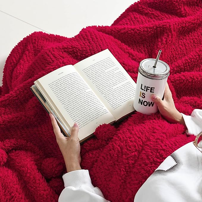HORIMOTE HOME Ultra Soft Sherpa Throw Blanket with Pompom Fringe, Lightweight Plush Boho Throw Blanket for Couch, Sofa, Bedroom,Travel, Christmas Decor, Warm Blanket for Winter, 60"x80", Red