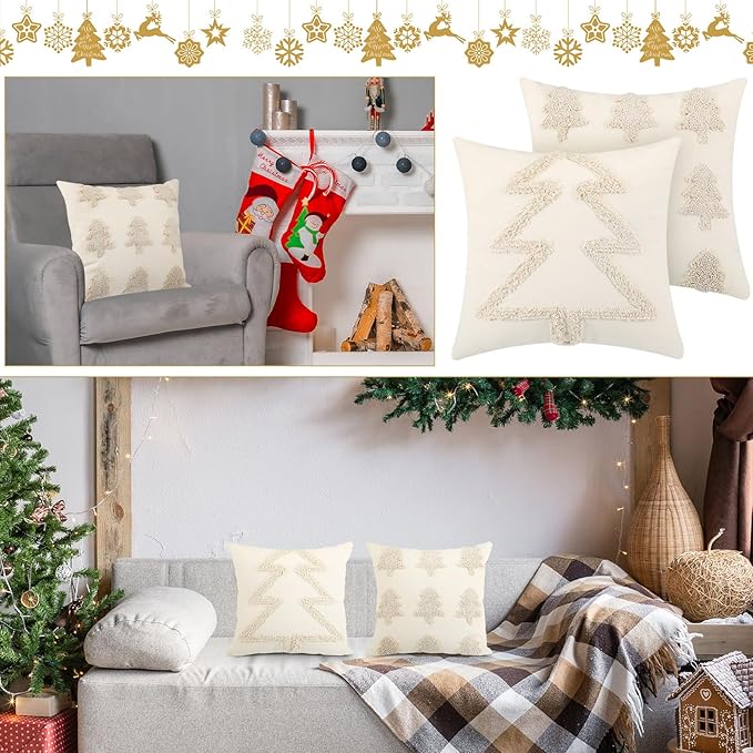2 Pcs Beige Christmas Pillow Covers 18 x 18 Inch Decorative Boho Farmhouse Pillowcase White Tufted Tree Christmas Pillow Cases for Couch Sofa Holiday Bedroom Living Room Home Present