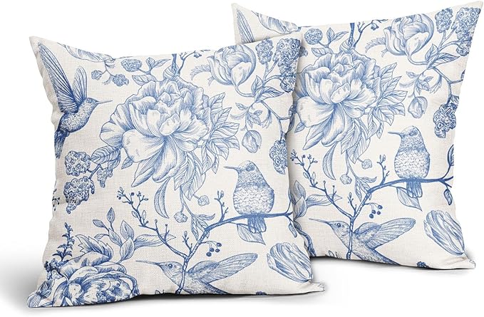 Chinoiserie Blue White Floral Pillow Covers 18X18 Inch French Country Vintage Flowers Bird Decorative Pillow Cases Set of 2 Seasonal Cotton Linen Throw Pillows Farmhouse Home Decor For Sofa Couch