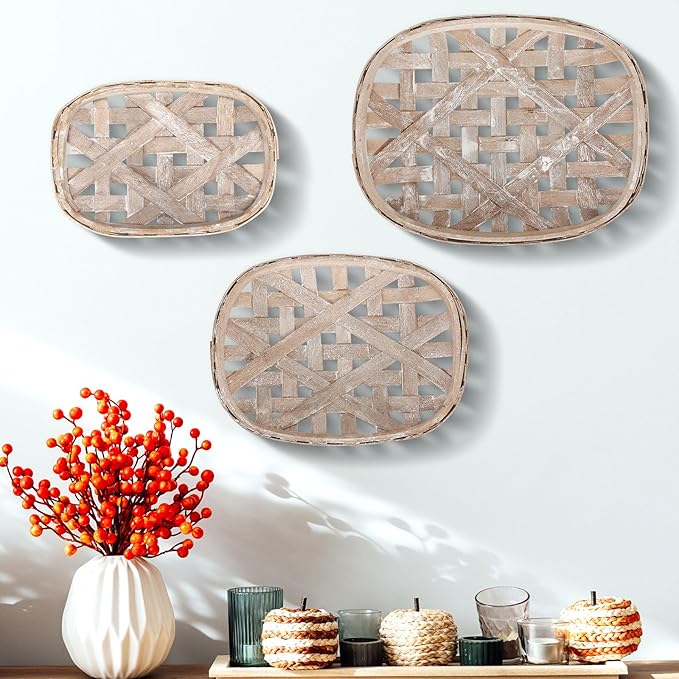 Maxcheck 3 Pcs Rustic Baskets Decoration Vintage Woven Wooden Basket Farmhouse Wooden Nesting Trays Decorative Basket for Home Kitchen(18.9 x 12.6'', 15 x 11'', 12.6 x 8.7'')