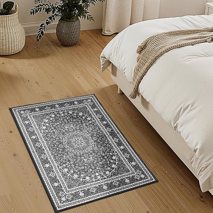 Lessymo 2 x 3 Entryway Rug - Machine Washable Area Rugs Boho Faux Wool Low Pile Area Rug for Bedroom, Floral Medallion Vintage Outdoor Rugs with Non-Slip Rubber,Grey White
