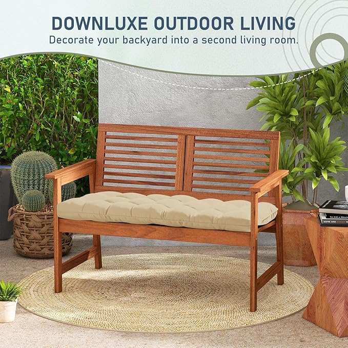downluxe Outdoor Bench Cushion for Patio Furniture, Water Resistant Tufted Overstuffed Porch Swing Cushions, Thick Outdoor Loveseat Cushions, 59" x 18" x 5", Khaki, Set of 1