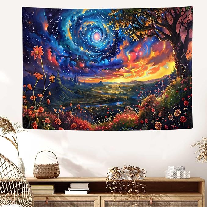 Trippy Space Tapestry, Starry Sky Tapestry, Colorful Mountains and Forests Flowers Tapestry, Beautiful Natural Scenery Tapestry, Bedroom Livingroom Abstract Art Oil Painting Wall Hanging,40x30 Inches.