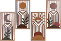 Boho Wall Art Set of 4, Terracotta Wall Decor & Burnt Orange Bedroom Decor, Orange Modern Wall Art with Arch/Botanical Design - Mid-Century 3D Wooden Abstract Geometric Artwork for Home Living Room Office(C)