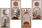 Boho Wall Art Set of 4, Terracotta Wall Decor & Burnt Orange Bedroom Decor, Orange Modern Wall Art with Arch/Botanical Design - Mid-Century 3D Wooden Abstract Geometric Artwork for Home Living Room Office(C)