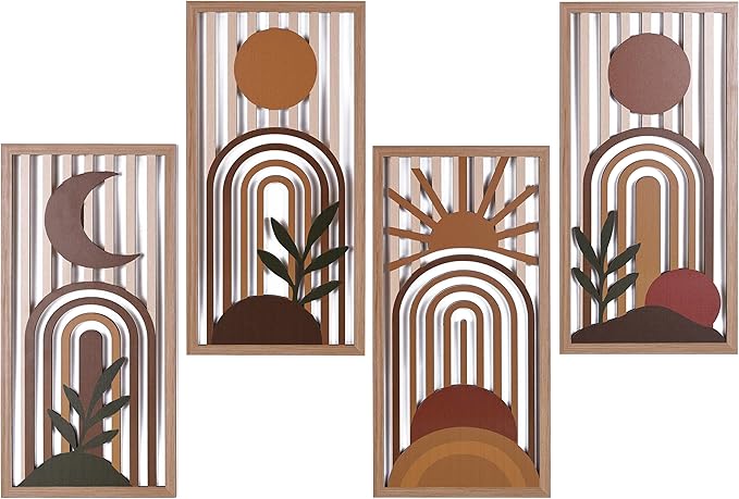 Boho Wall Art Set of 4, Terracotta Wall Decor & Burnt Orange Bedroom Decor, Orange Modern Wall Art with Arch/Botanical Design - Mid-Century 3D Wooden Abstract Geometric Artwork for Home Living Room Office(C)