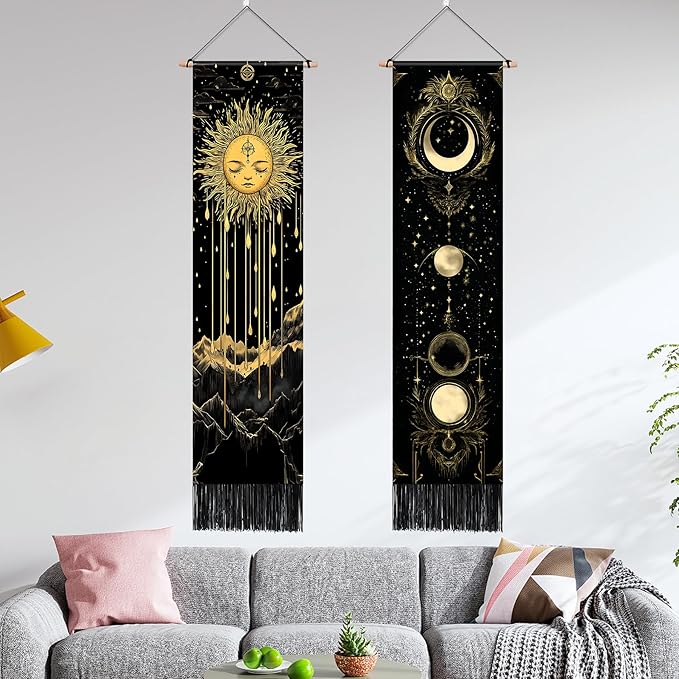 AOHMPT Pack of 2 Long Vertical Tapestry,Nature Landscape Tapestry with Serene Mountain River, Moon & Sun Motifs,Traditional Ink Painting Wall Art,Zen Aesthetic Wall Hanging for Living Room Bedroom Decor 13" W x 51" H"