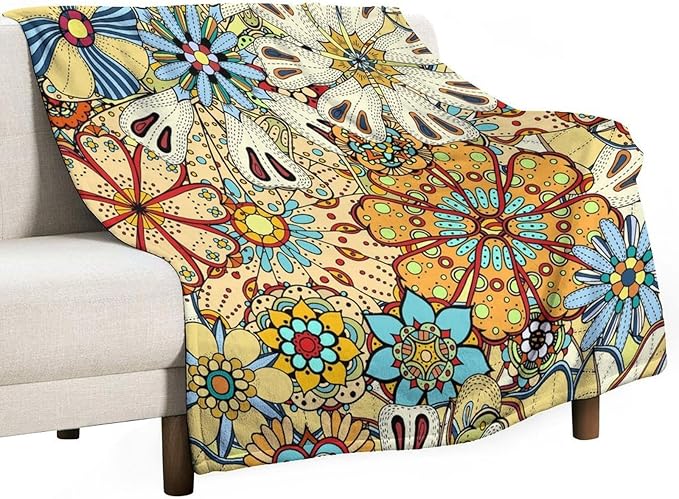 Boho Floral Throw Blanket Vintage Colorful Flowers Bohemian Print Mandala Blanket for Sofa Bed Couch Chair Or Dorm 70"x80"