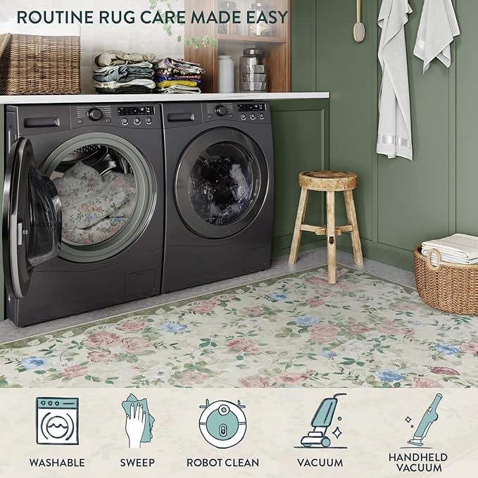 Lahome Vintage Floral Area Rugs 8x10,Large Rugs for Living Room Boho Area Rug Machine Washable, Low Pile Bedroom Rugs 8x10 Carpet for Office Rug Playroom Dining Room Nina（Cream/Green）