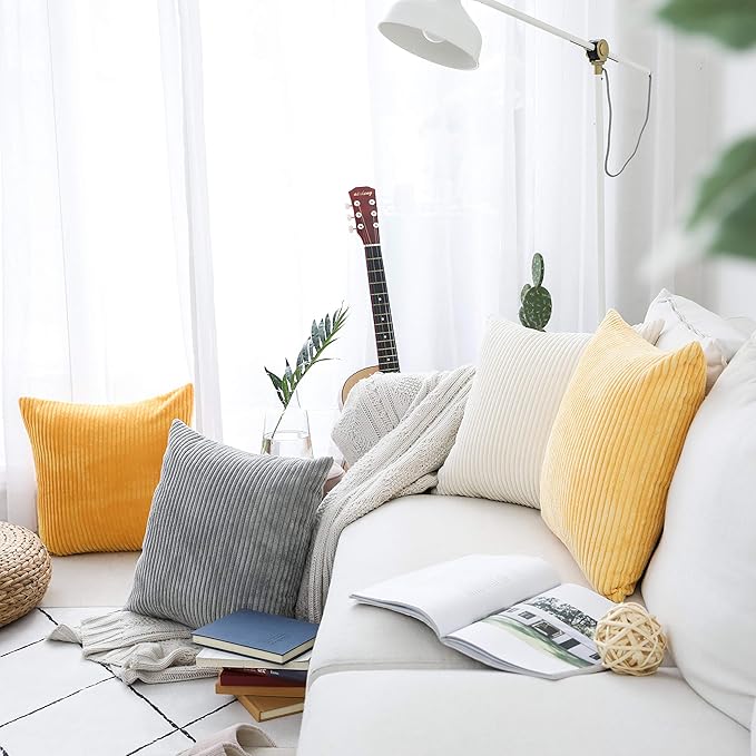 Home Brilliant Set of 2 Decorative Pillows Covers for Couch Striped Velvet Sofa Pillows Cover 40x40cm, 16 x 16 Inch, Light Grey