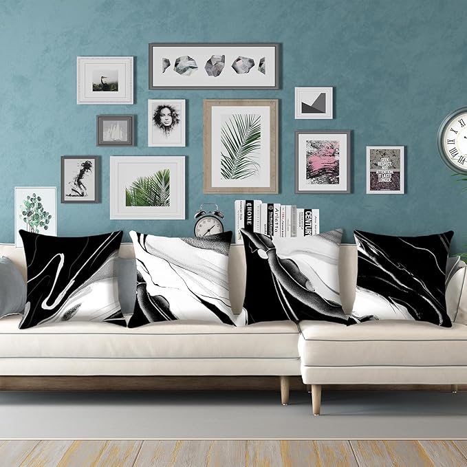 HOSTECCO Black and White Throw Pillow Covers 18x18 inch Set of 4 Marble Abstract Pillow Cases Modern Decorative Cushion Covers for Sofa Couch Office Car