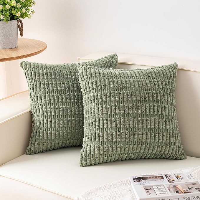 Pack of 2 Corduroy Decorative Throw Pillow Covers 24x24 InchSoft Striped Pillow Covers Modern Farmhouse Home Decor for Sofa Living Room Couch Bed（Sage Green）