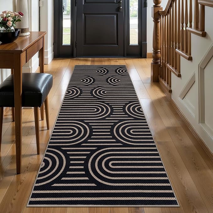 Tangsoo Easy Jute Rug 2x6 Washable Kitchen Runner for Hallways,Black Non-Slip Thin Farmhouse Floor Carpet Modern Indoor Outdoor Runner Door Mat for Porch Laundry Bedroom Entryway