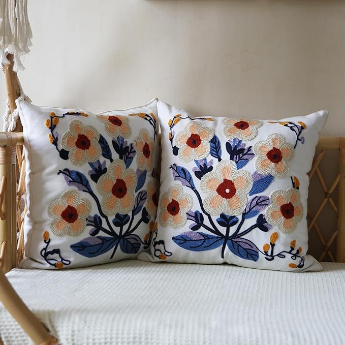 Floral Pillow Cover Boho Embroidered Pillow Covers for Couch Sofa Yellow Flowers Bohemian Pillow Covers Cotton Linen Botanical Plant Leaves Pillowcase Covers 2PCS 18x18 Inch