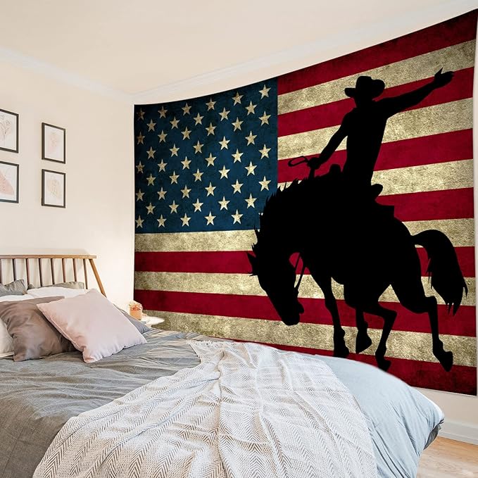 LB Western Cowboy Tapestry Vintage American Flag Tapestry for Bedroom Cool Man on Black Horse Tapestries Wall Hanging for Living Room College Dorm Wall Decor,78x60 inches
