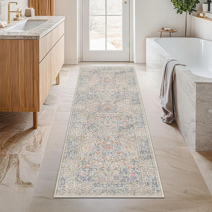 Non Slip Beige Blue Hallway Runner Rug - Long Runner Rugs 2x7 Washable Kitchen Floor Mat, Laundry Room Rug, Bathroom Runner - Vintage Design Décor