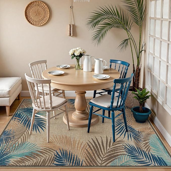 LIVEBOX Modern Easy Jute 5x7 Outdoor Rug, Washable Area Rugs for Living Room Patio Tropical Leaf Indoor Outdoor Rug, Boho Farmhouse Non Slip Carpet for Backyard Foyer Dining Room(Olive, 5'x7')