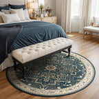 Vintage Round Rugs 6ft, Low Pile Thin Circle Area Rugs for Bedroom Living Room Washable Non Slip, Vintage Medallion Distressed Round Carpet for Kitchen Dining Room, Deep Blue/Multi